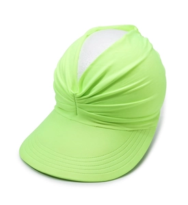 Detailed top view of neon green sun hat featuring layered pleats and wide brim