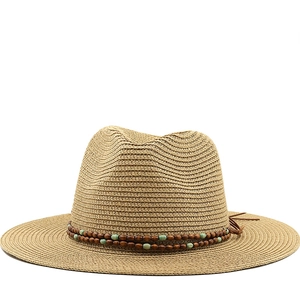 Women Straw Fedora Sun Hat With Wooden Beads Decorative Band Wide Brim Breathable Beach Vacation Summer Travel