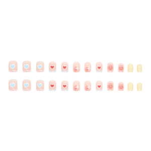 Detailed view of 24pcs short press-on nails with heart, dot, and star patterns