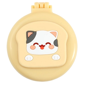 Portable folding hairbrush with mirror featuring a cute cartoon cat and toast design