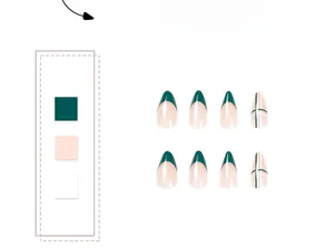 Detail of almond-shaped press-on nails with dark green French tips and geometric lines