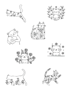 Detail of eight bohemian cat and flower patterns on water soluble embroidery stabilizer