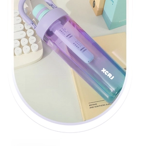 Detailed view of a gradient purple and green water bottle with tea infuser and handle