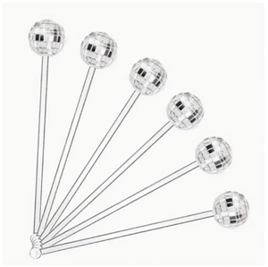 Set of 6 disco ball cocktail stirrers with silver mirror globes on clear sticks