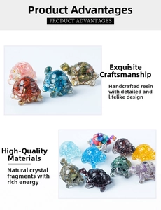 Macro detail of handmade resin turtle figures with various natural crystal stones inside