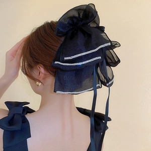 Détail d'une grande pince à cheveux en organza noir ornée de strass brillants