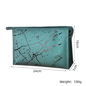 Teal marble PU makeup bag dimensions 24x16x7cm with side handle and zipper detail