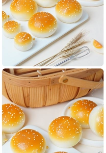 Macro detail of various sizes of squishy PU faux hamburger buns with sesame seeds