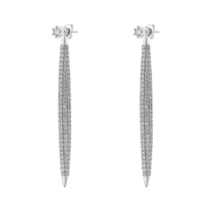 Macro shot of silver 18K gold plated long cone drop earrings with pavé cubic zirconia