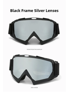 Front and side view of black matte ski goggles with silver mirrored lenses and wide strap