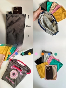 Detail view of nylon organizer bag showing 16.5x18x12cm dimensions and interior zipper pockets