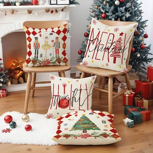 Set of four Christmas nutcracker and tree linen pillow covers for holiday sofa decor