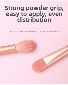 Detail of soft pink fiber bristles and rose gold ferrule with superior powder grip