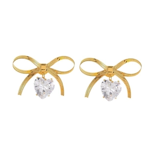 Eleganti orecchini a fiocco in titanio dorato con pendente in zircone a forma di cuore