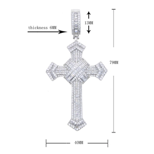 Detailed dimension guide for silver hip hop cross pendant with colorful zircon stones