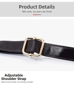 Detail of adjustable leather shoulder strap with a square golden metal buckle on a bag