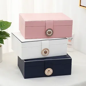 Double Layer PU Leather Jewelry Box Large Capacity Earring Ring Storage Organizer Case With Metal Rhinestone Lock For Women Jewelry