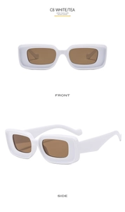 Detail view of white rectangle sunglasses with brown lenses from front and side angles