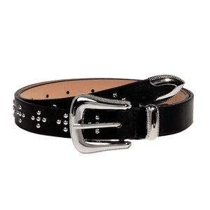 Ceinture vintage noire pour femme avec boucle en argent ciselé et rivets métalliques chic