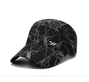 Detail view of quick-dry baseball cap featuring geometric prints and breathable mesh panels