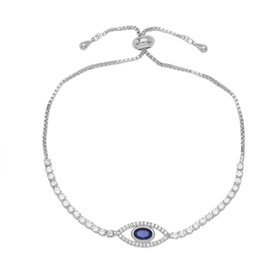 Silver evil eye bracelet with blue center stone and adjustable slider box chain