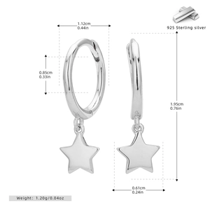 Size specifications of 925 sterling silver star hoop earrings with detailed measurements
