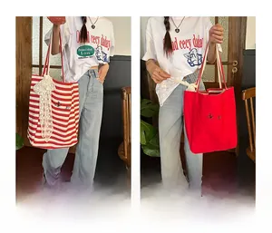 Detailed comparison of striped and solid red canvas tote sides with butterfly embroidery