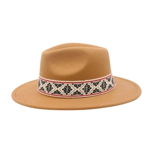 Camel wide brim fedora hat with bohemian woven geometric patterned band for men and women