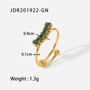 18K gold plated titanium steel ring featuring five green zircons with adjustable open band