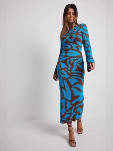 Slim fit long sleeve knit dress with blue and brown leopard print in a floor-length style