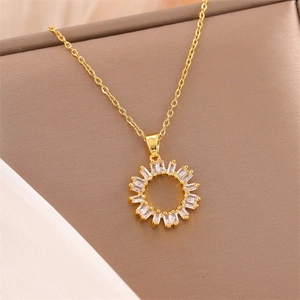Stainless Steel Circle Pendant Necklace Copper Zircon Inlaid Donut Geometric Clavicle Chain Jewelry For Women
