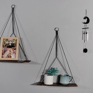 Double-tier dark wood hanging wall shelf with black ropes for home decor and storage