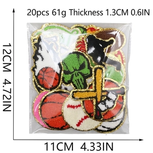 20pcs set of embroidered sports patches featuring basketball, baseball and skull designs