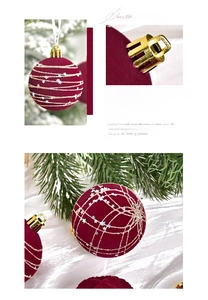 Detail of red flocked Christmas ball ornaments with gold glitter and silver stars