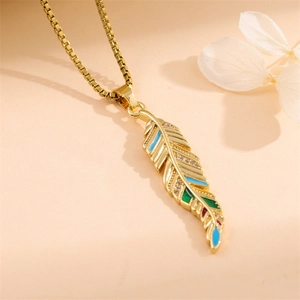 Exquisite gold feather necklace with colorful enamel and zircon stones for women