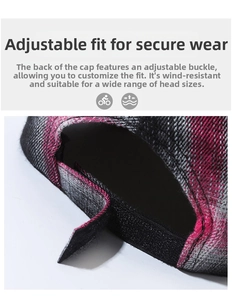 Detail of adjustable velcro strap on red and black plaid baseball cap for custom fit