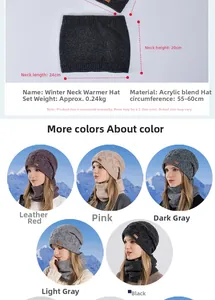 Detailed size and material specs for winter knit hat and fleece lined scarf set