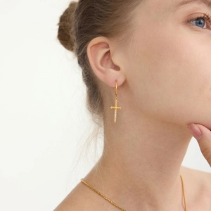 Elegant gold stainless steel cross dagger earrings and matching necklace set for women
