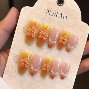 Gradient French Mermaid Resin Flower Almond Press On Nails For Women Daily Artificial False Finger Nails