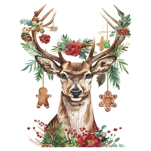 Watercolor Christmas reindeer wall sticker with roses, pine branches and gingerbread