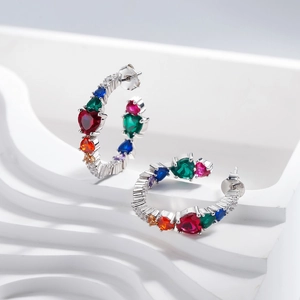 Luxurious S925 sterling silver hoop earrings with multi-colored heart-shaped cubic zirconia