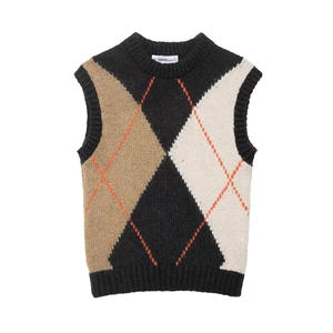 Women Retro Argyle Knit Sweater Vest V-Neck Sleeveless Color Block Preppy British Style Acrylic Knitted Top