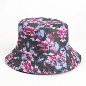 Detailed view of reinforced parallel stitching on tie-dye reversible bucket hat brim