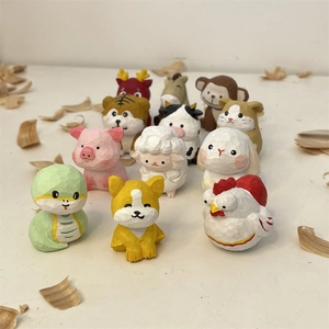 Miniature wooden zodiac animal set with hand-carved textures for desk decor and keychains