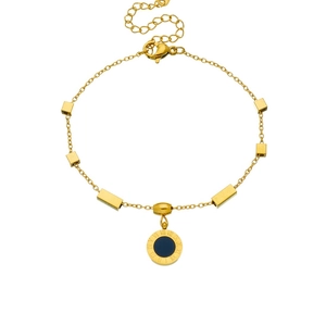 Gold-plated stainless steel chain bracelet with a black Roman numeral medallion pendant