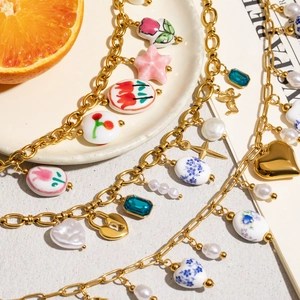 Vintage Stainless Steel Necklace With Ceramic Beads Artificial Pearl Floral Pendants For Women Waterproof Elegant Jewelry