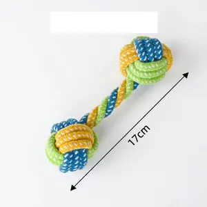 Detailed view of a 17cm durable cotton rope dog toy with barbell nodes in yellow and blue