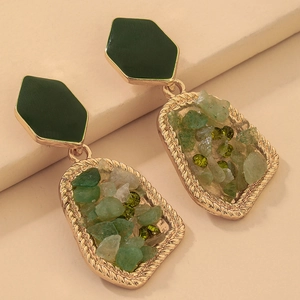 Vintage Green Geometric Alloy Stone Earrings With 925 Sterling Silver Earring Post For Women