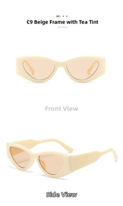 Detailed front and side views of beige cat-eye sunglasses with tea-colored lenses