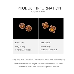 Detailed spec sheet showing amber resin geometric earrings with alloy material information